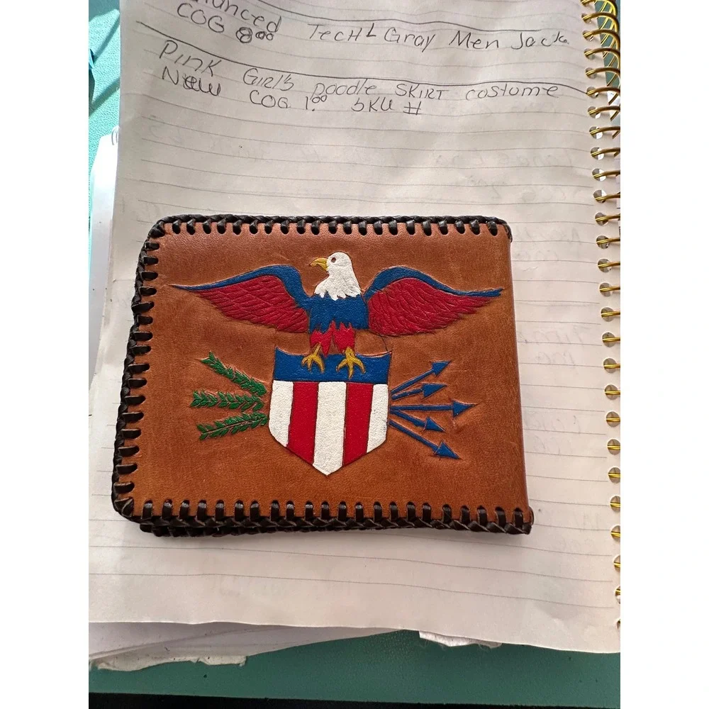 Hand Tooled Leather Bifold Wallet American Eagle Shield Whipstitch‎ Tan Brown
